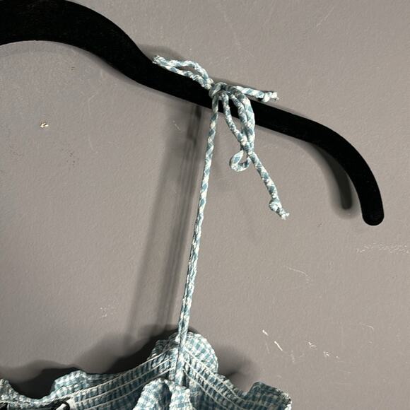 Zara Blue and White Gingham Romper With Ruffles and Tied Straps Size XS - Picture 4 of 8